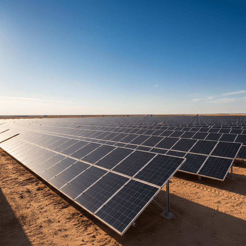 Large-scale solar farm installation in desert landscape