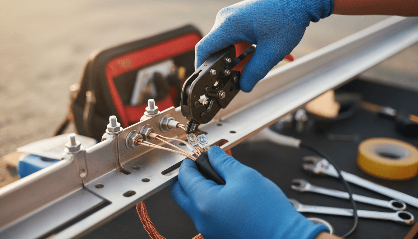 Close-up of solar panel installation connectors and technician hands performing electrical work