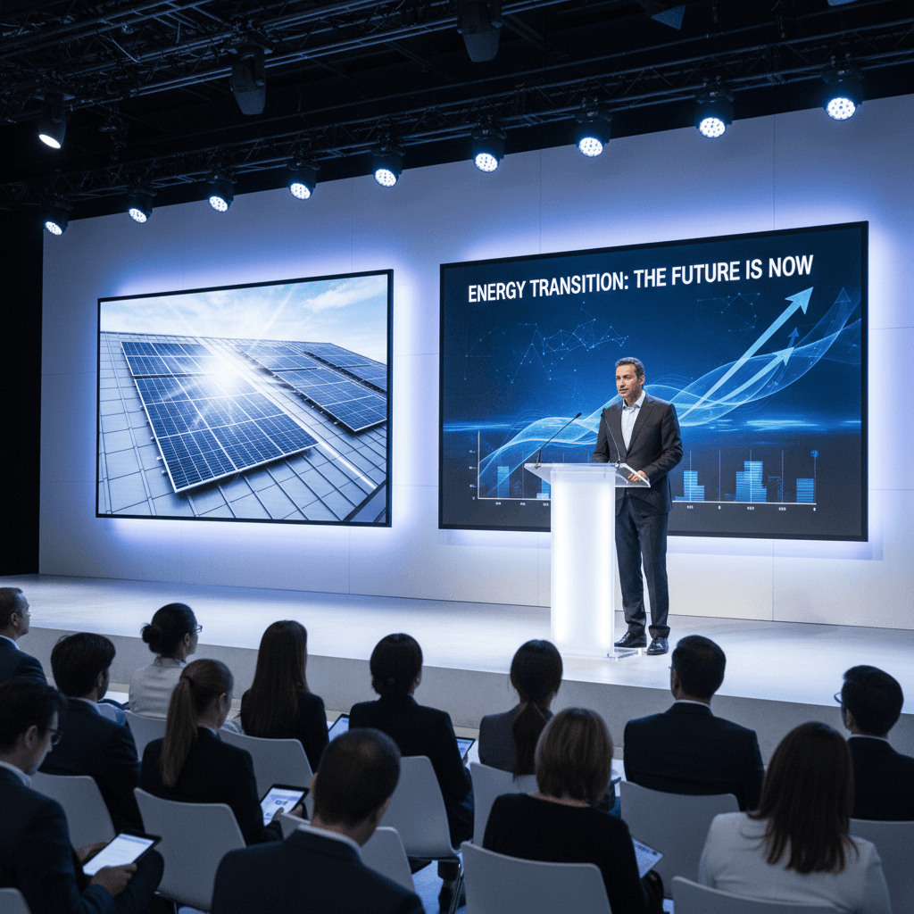 Energy consultant presenting renewable energy insights at professional conference stage