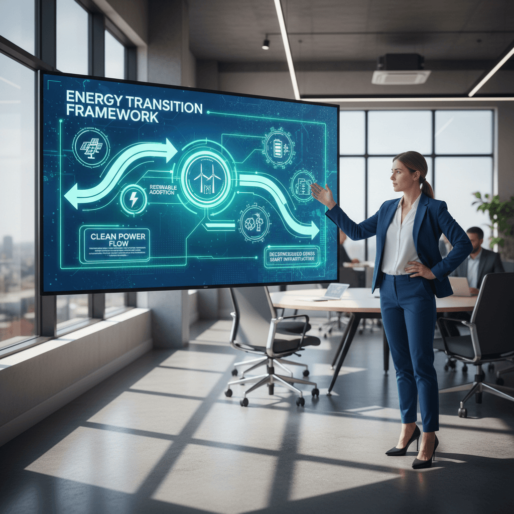 Consultant presenting energy transition strategy framework to stakeholders