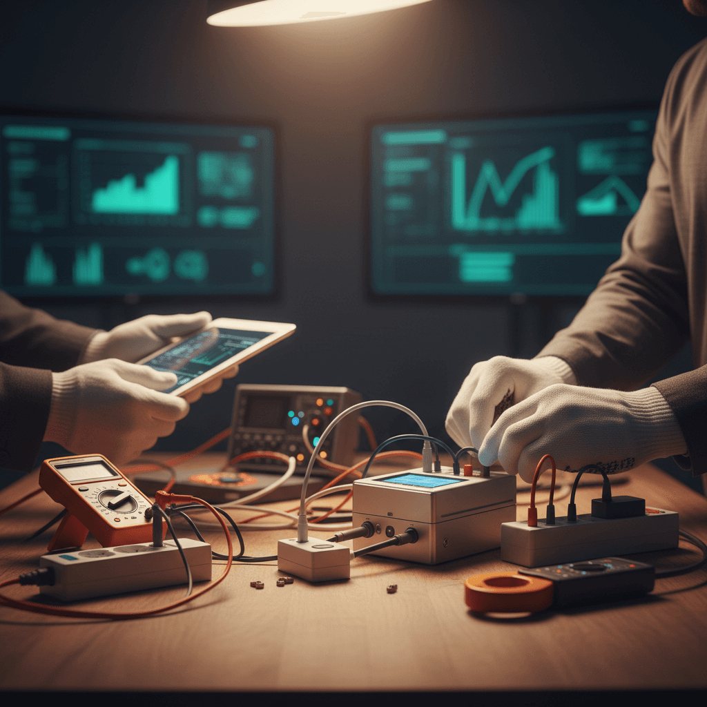 Energy auditing specialist conducting technical analysis with smart metering equipment