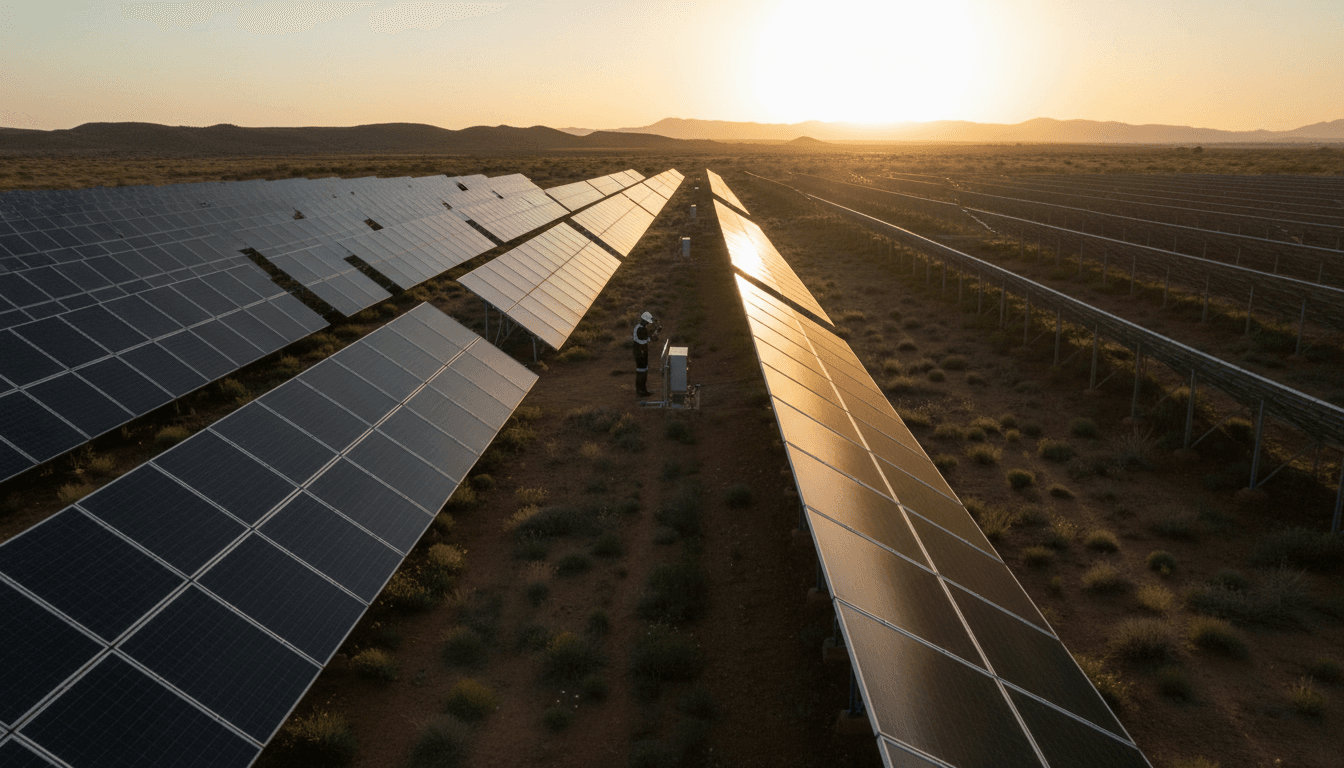 Solar panel installation at golden hour with technician inspecting renewable energy infrastructure