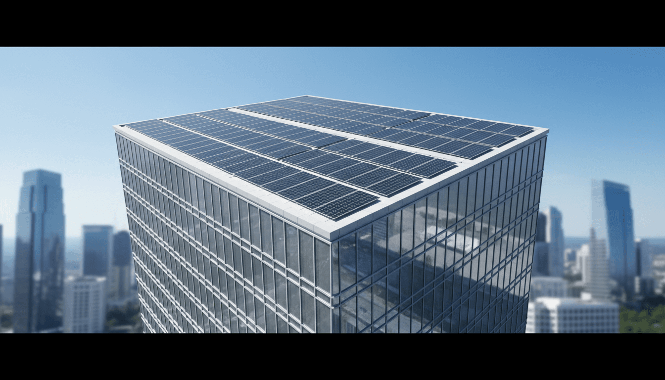 Modern sustainable building with integrated solar panels