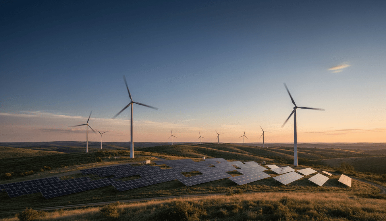 Solar panels and renewable energy infrastructure at sunset in a modern energy transition landscape