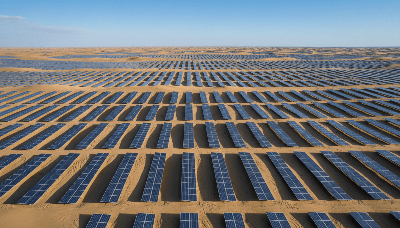 Large-scale solar farm installation with hundreds of panels in desert landscape