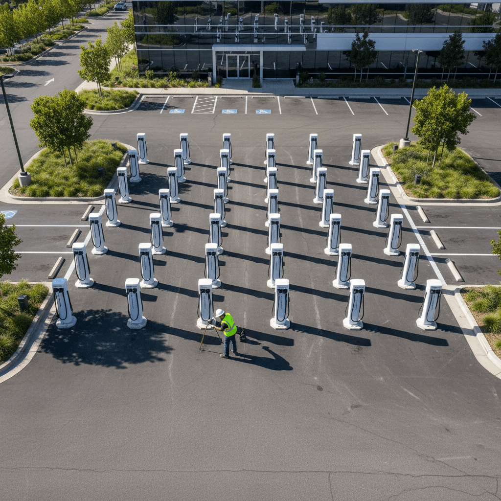 EV charging infrastructure installation with technician connection check