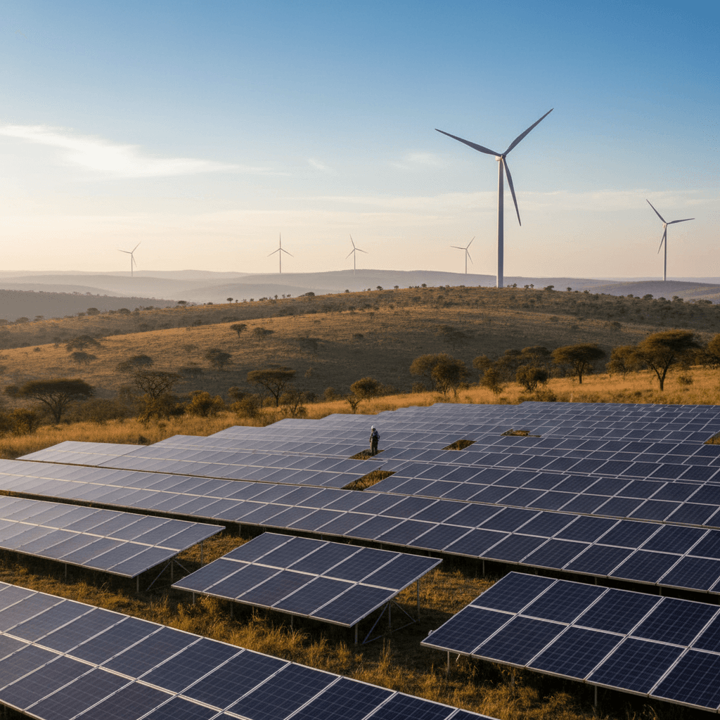 Completed hybrid solar and wind energy project in African landscape