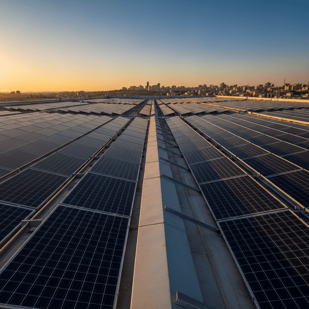 Large-scale rooftop solar panel installation on commercial building