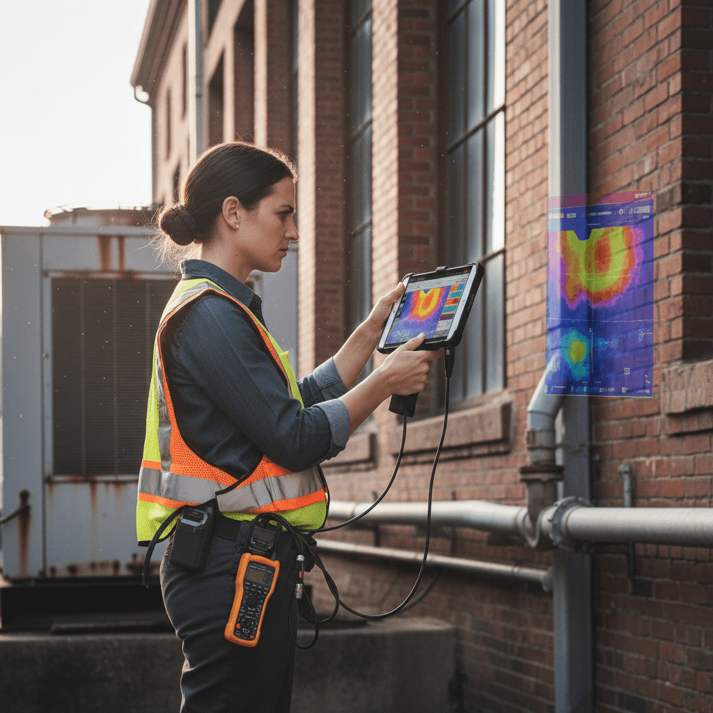 Energy auditor performing thermal imaging assessment of building efficiency