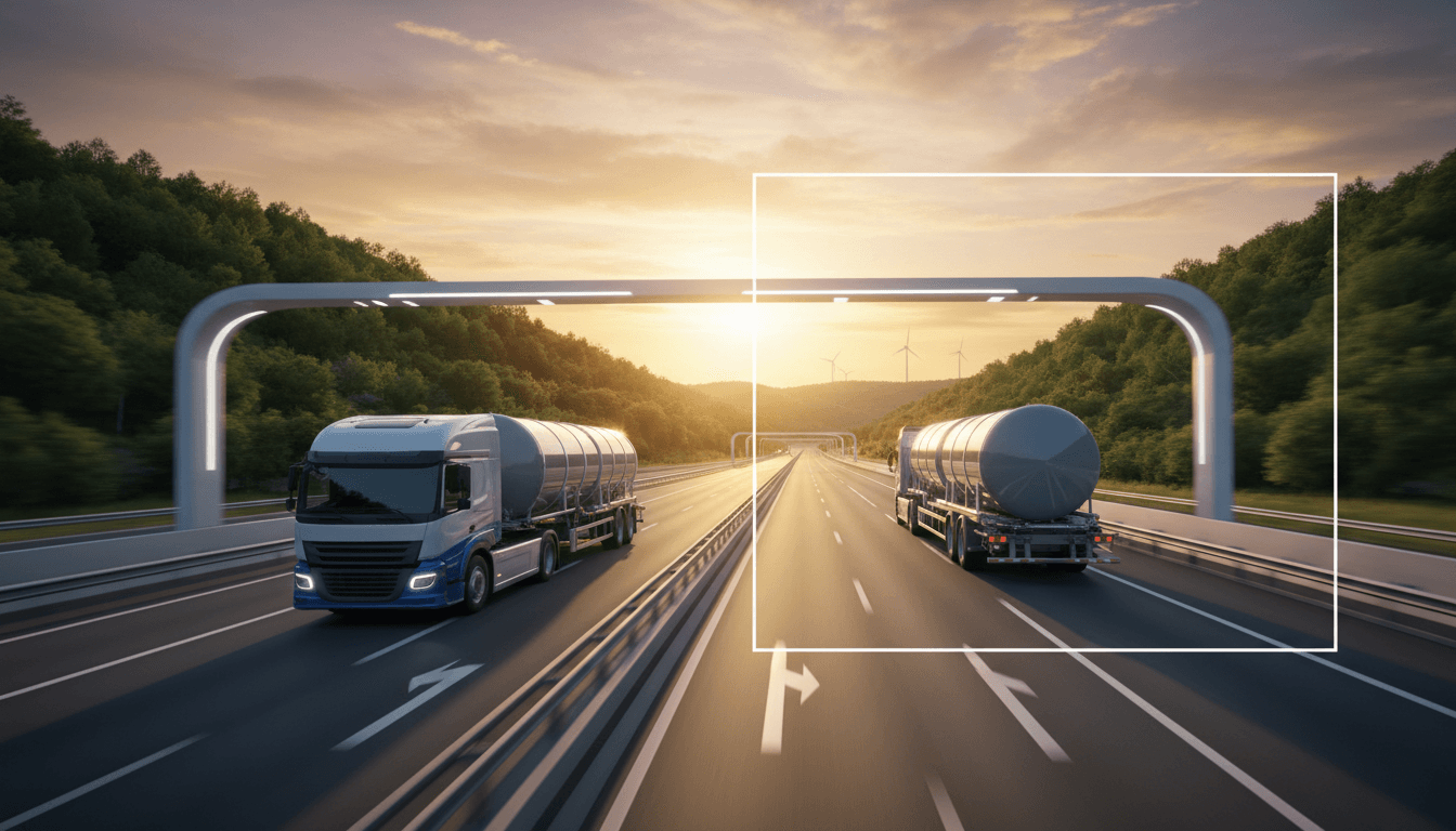 Green hydrogen transport truck on distribution route