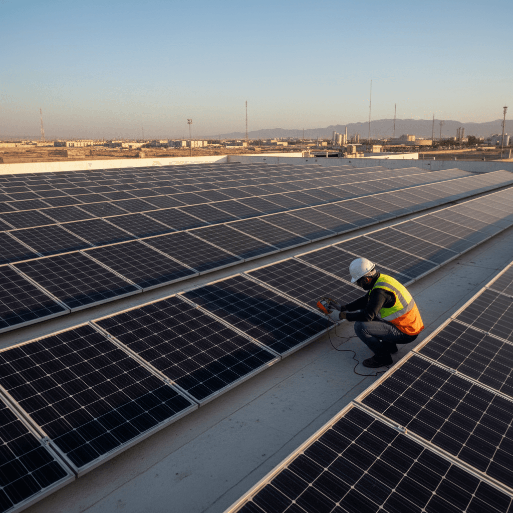 Solar panel installation on commercial rooftop with technician verification