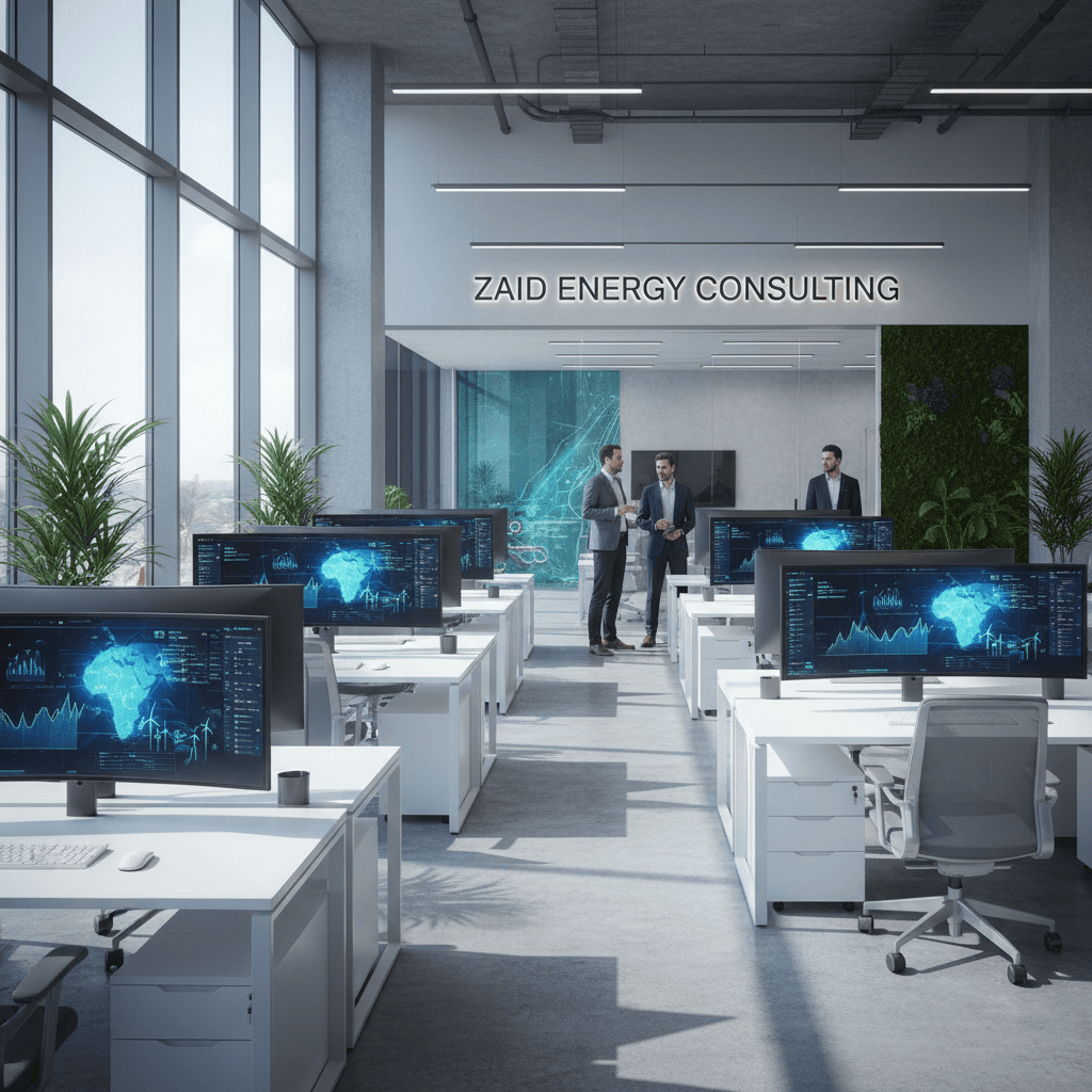 Modern office workspace with energy data monitoring