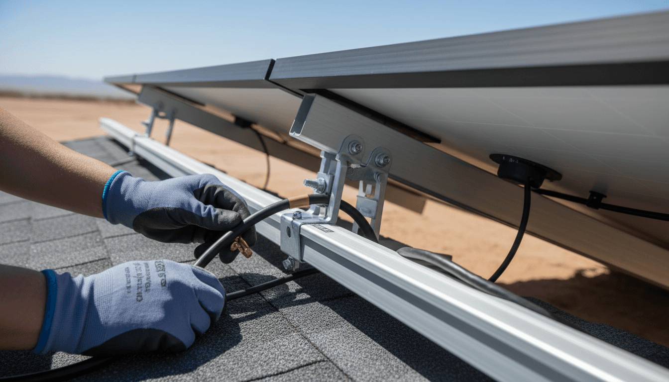 Detailed close-up of solar panel mounting hardware and electrical connections during installation