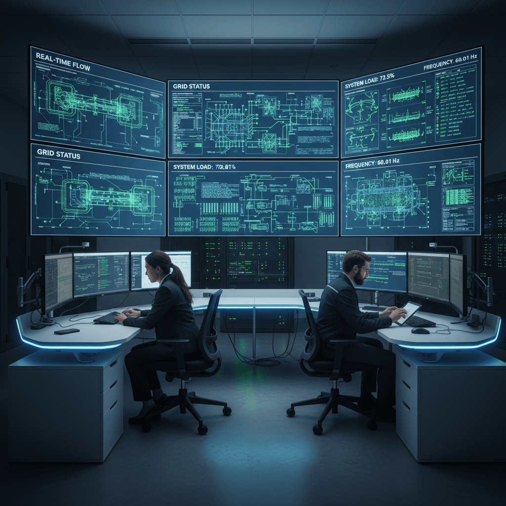 Smart grid control room with energy specialists monitoring systems