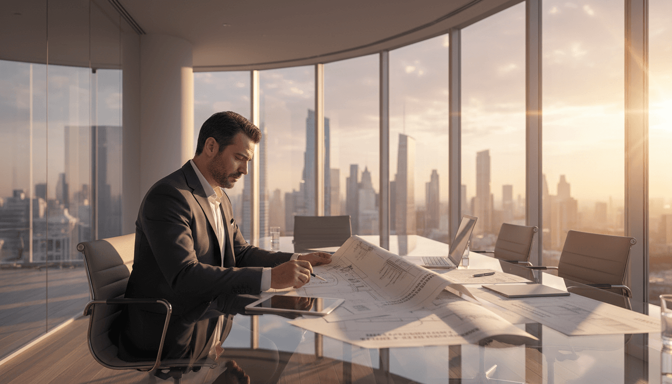 Energy consultant reviewing renewable energy project specifications in a modern office with city views