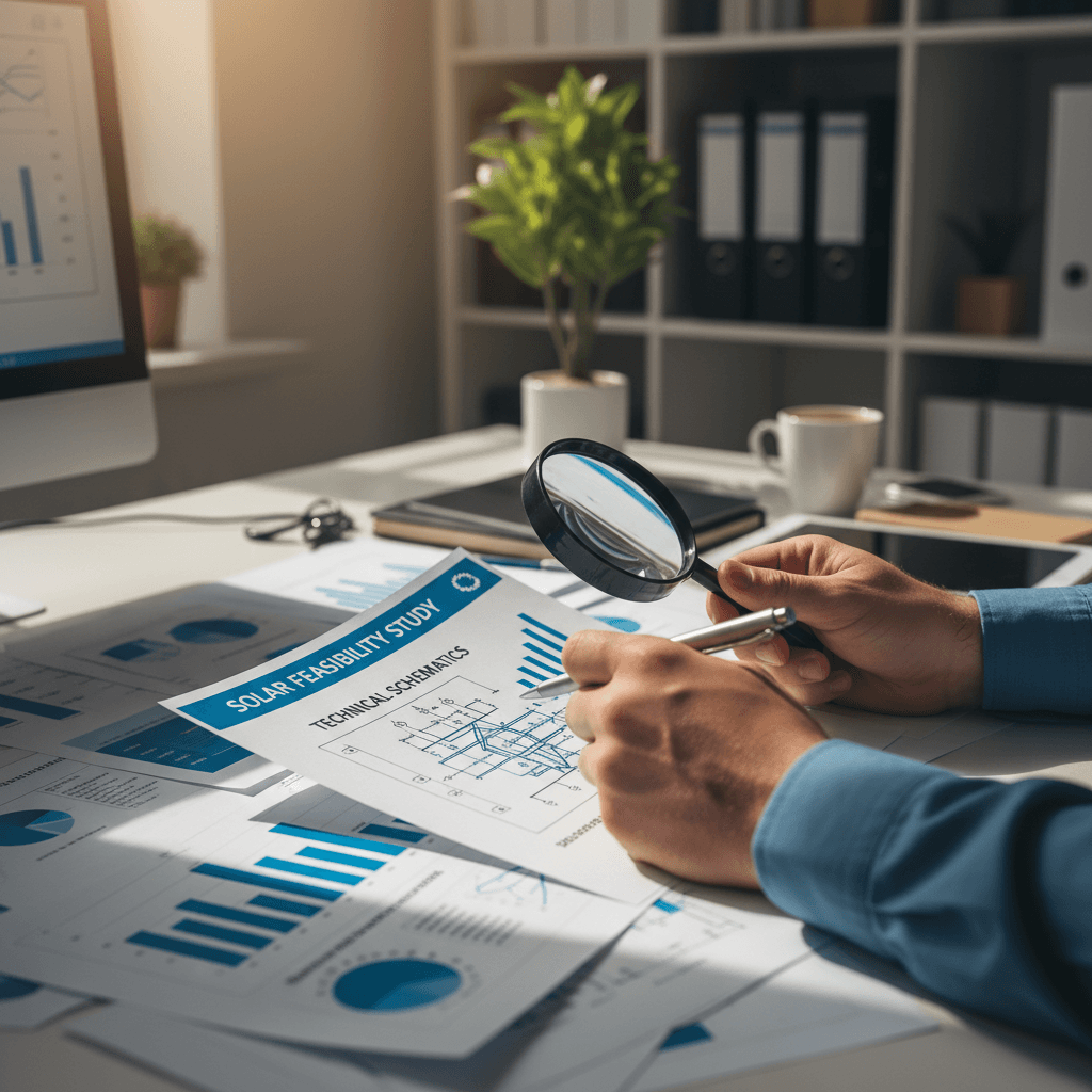 Energy consultant reviewing renewable energy project documents