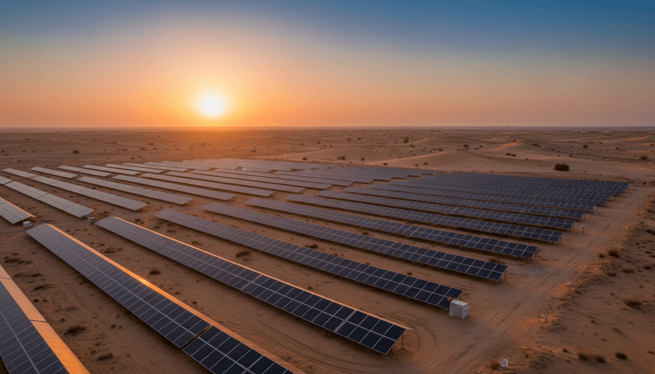Large-scale solar panel array in desert landscape with golden sunset light